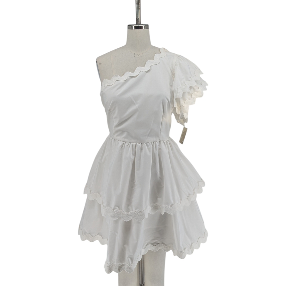 19916 Entro One Shoulder Scallop Jumpsuit White size Large bohemian cottagecore